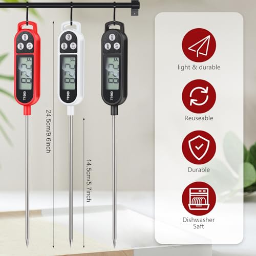 Copkim 6 Pcs Instant Read Meat Thermometer with Long Probe 9.65 Inch Kitchen Cooking Food Candy Waterproof Digital Thermometer for BBQ Water Milk Yogurt Liquid (Round&Square Ring,Black,White,Red) - color: Black, White, Red