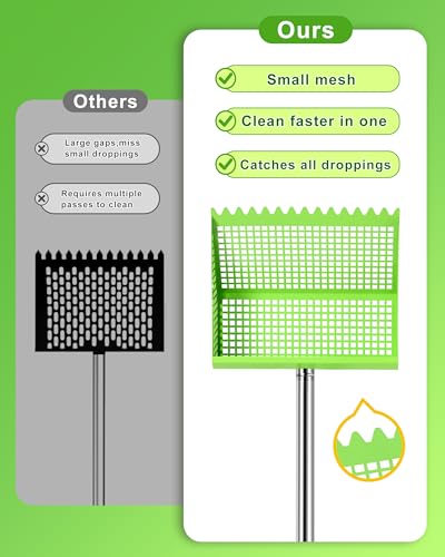 Chicken Poop Scooper & Rake 2-in-1,10 inches Metal Coop Shovel Sand Sifting Shovel with 35" to 62" Adjustable Handle,Cleaning Tools Scoop for Chicken Coops & Farm Animals