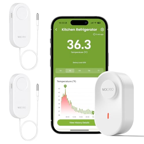 MOCREO WiFi Thermometer Freezer Alarm, Email Alert, App Notification, Data Record Export, No Subscription Fee, 2 Remote Wireless Temperature Sensors for Refrigerator, Freezer, Hot Tub - style: 1 No LCD Hub + 2 Sensors