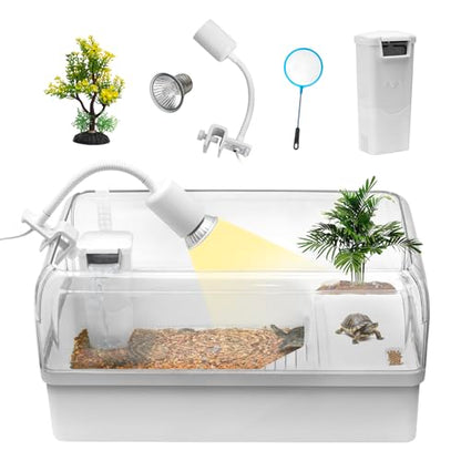 Turtle Tank Acrylic Habitat Starter Kit for Baby with Silent Filter | Bottom Drain,Basking Light,Multi Zone Aquatic Small Red Eared Slider Enclosure,Anti Escape Fence Tortoise Terrarium Aquarium