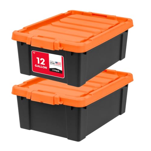 IRIS USA 12 Gallon Lockable Storage Bins with Lids, 2 Pack - Made in USA, Heavy Duty, Stackable Containers, Garage Organizing Bins Moving Tubs, Rugged Sturdy Equipment Utility Box - Black/Orange - size: 12 Gal - 2 Pack