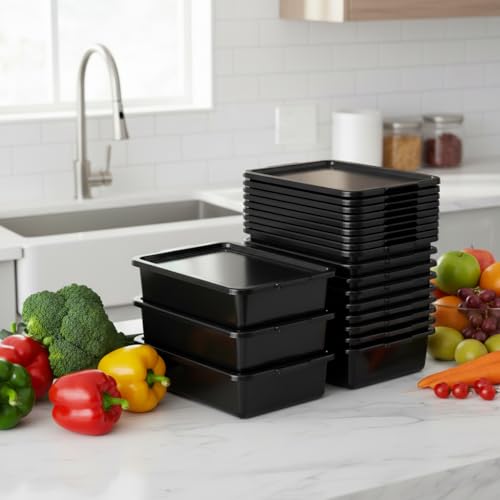 12 Pack Commercial Bus Tub, 13 Liter Plastic Bus Trays with Lids, Black