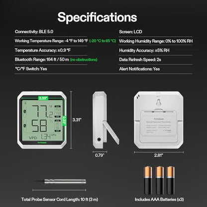 VIVOSUN AeroLab THB1S Wireless Bluetooth Hygrometer Thermometer Indoor, VPD, Digital Temp Humidity Meter, LCD Smart App Control & Alert, Data Storage, Dual Channels with Sensor Probe, Battery Included - style: Thermometer with External Probe