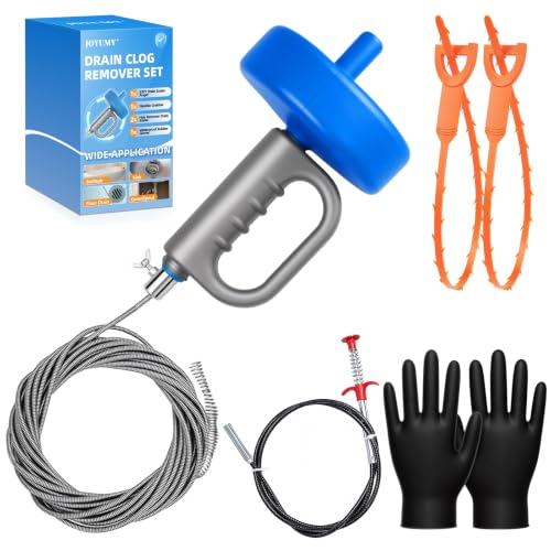 Drain Snake 5Set-33Ft Drain Clog Remover,62inch Heavy Duty Plumbing Snake,20inch Hair Clog Remover,Gloves for Bathtub,Toilet,Sewer,Kitchen Sink,Drainage Pipe(Blue) - style: 5SET Heavy Duty