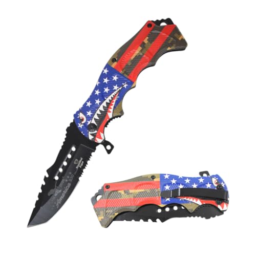 Snake Eye Tactical 8.5" Heavy Duty Folding Pocket Knife –Black Reverse Tanto Half Serrated 3CR13 Steel Blade, Printed Metal Flying Tigers Shark Mouth Camo Handle, 250th Anniversary Edition - color: Camo With Shark Mouth