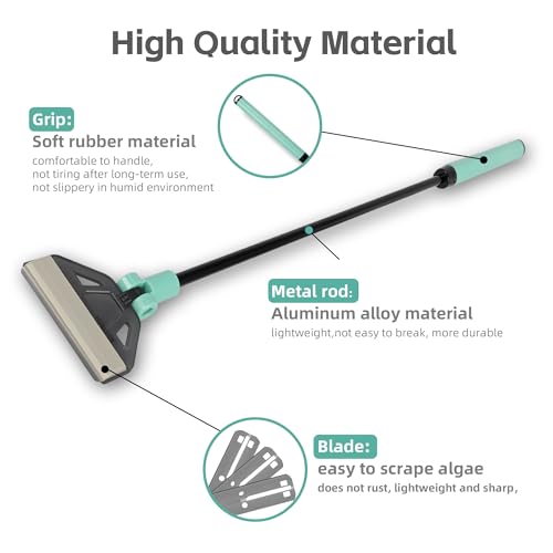 UPETTOOLS Algae Scraper for Glass Aquariums, 2 in 1 Adjustable Algae Scraper with 5 Stainless Steel Blades and Cleaning Brush, Aquarium Glass Cleaning Tools for 20-40 Gallon Fish Tank