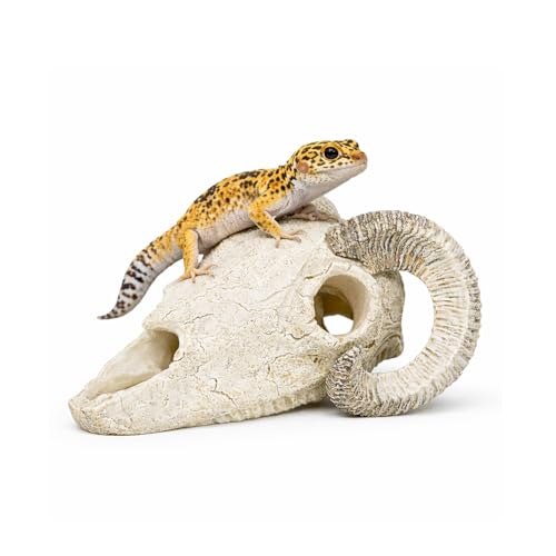 Reptile Hide Cave Decoration, Ram Skull Style Resin Shelter for Gecko, Lizard, Snake and Amphibian, Natural Habitat Decor for Small Reptiles