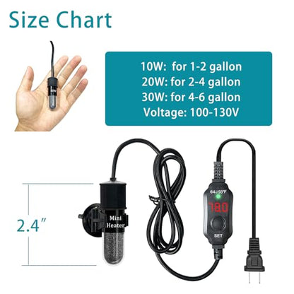 Mini Submersible Aquarium Heater, 25/30/50/100/150/200 Watts Adjustable Fish Tank Heater, Built-in Thermometer, External Temperature Controller, Smart Memory, Used for 1-60 Gallons (30W Plug) - size: 30W PLUG