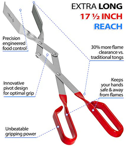 Steak Grill Tongs - 17 inch Red. Professional outdoor grilling utensil. Long reach Barbeque Grilling Tongs. Ideal for steak, fish, burger, and sausage - color: Red Steak Tongs