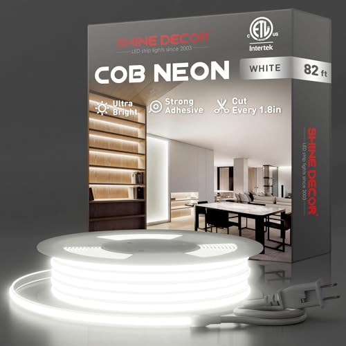 Shine Decor COB LED Rope Light AC 120V, 800lm Ultra Bright, IP65 Waterproof Cold-Resistant ETL Neon Strip, No Driver Tape Lighting for Home Commercial 10x4.5mm, 6000K Cool White, 82ft - color: 6000K Cool White, size: 82 ft