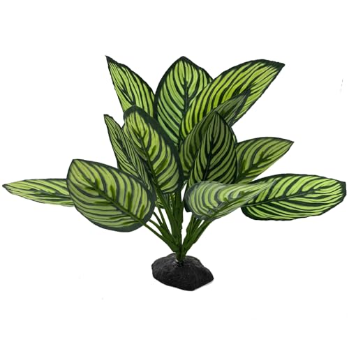 Reptile Plants Terrarium Decor, Artificial Fake Plants for Bearded Dragon, Leopard Gecko, Snake, Crested, Ball Python Tank (Zebra Calathea Leaf + Base) - color: Zebra Calathea Leaf + Base