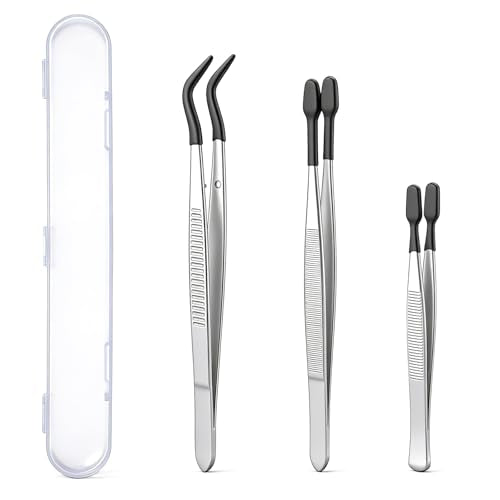 Trinkrittey 3 Pcs Tweezers with Rubber Tips Silicone Bent Flat Tip Tweezers Precision Sticker Craft Tweezer for Stamps Sticker Crafts Jewelry Beads (Black)