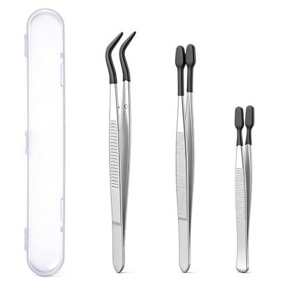 Trinkrittey 3 Pcs Tweezers with Rubber Tips Silicone Bent Flat Tip Tweezers Precision Sticker Craft Tweezer for Stamps Sticker Crafts Jewelry Beads (Black)