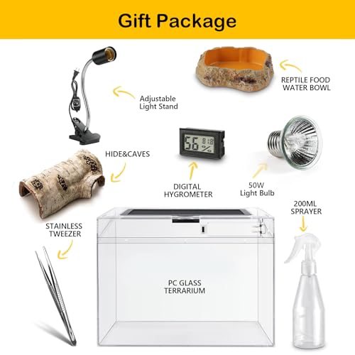 HELIME Reptile Tank 7 Piece Starter Kit with Escape Proof Locking Lid XL | All in One lizard Terrarium,Polycarbonate Leopard Gecko Enclosure Frogs Cage with Light,Hygrometer,Hide,Tweezer,Bowl,Sprayer - size: XLarge(19.5x9.4x10.5IN)