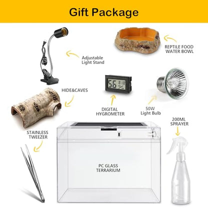 HELIME Reptile Tank 7 Piece Starter Kit with Escape Proof Locking Lid XL | All in One lizard Terrarium,Polycarbonate Leopard Gecko Enclosure Frogs Cage with Light,Hygrometer,Hide,Tweezer,Bowl,Sprayer - size: XLarge(19.5x9.4x10.5IN)