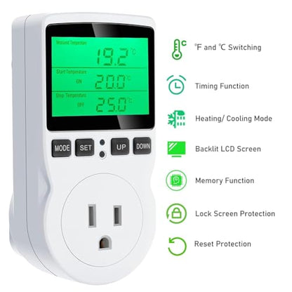 Digital Temperature Controller, Backlit LCD Screen Thermostat Heating Cooling Outlet Plug for Reptile Incubator US Plug