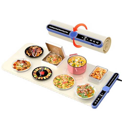 Large Warming Mat for Food Silicone Food Warmers for Parties Buffet Thanksgiving 32''X15'' 450W Portable Rollable Even Heating in 8 Sec 9-Level Temp Timer, Child Lock,Auto Power Off-Beige - size: Beige-XL 15*32in