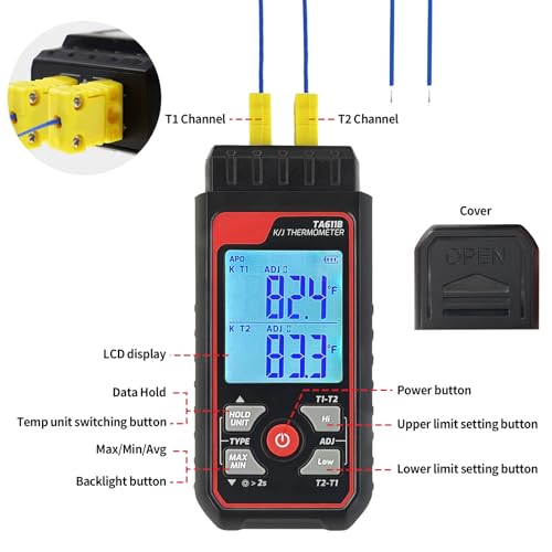 Digital K Type Thermocouple Thermometer (-328~2500℉), Dual Channels Thermometer with 2 HVAC Temperature Clamps & 2 Wired Thermocouple Probes, LED Backlight & ADJ Compensation Temperature Meter Tester