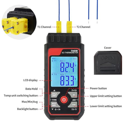 Digital K Type Thermocouple Thermometer (-328~2500℉), Dual Channels Thermometer with 2 HVAC Temperature Clamps & 2 Wired Thermocouple Probes, LED Backlight & ADJ Compensation Temperature Meter Tester