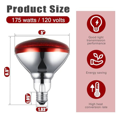 VIHOSE 4 Pack Infrared Heat Lamp for Chickens 175 Watt 120v Thickened Red Heat Lamp Bulbs for Food Service, Reptile, Pet, Bathroom, Light Therapy Use E26 Base - style: 175 Watt