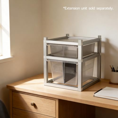 Stackable Reptile Rack with Base, 13x10x4 Inch Drawer Bin Enclosure with PE Sliding Bin and Ventilated Lid, Modular Reptile Rack Habitat for Ground Reptiles – Compatible with 13x10x8 Rack System - size: 13x10x4-base