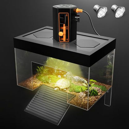 Turtle Basking Platform with Light,9.8*6.2*6.2inch Small Land Elevated Topper Decor,Red Eared Slider Hanging Habitat Enclosure Cage,Cuckold Tank with Lid,House for Semi Aquatic Baby Terrapin