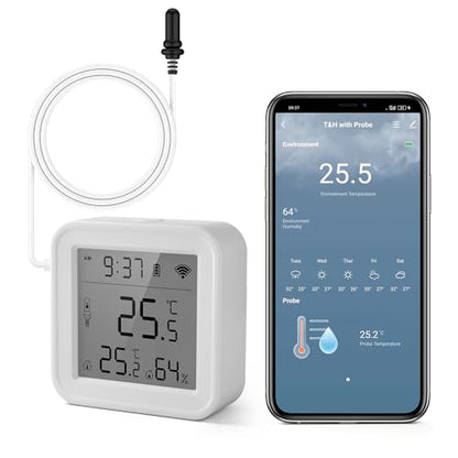 Refrigerator Thermometer, WiFi Freezer App Alert, Free Data Export Freezer Temperature Monitor for Refrigerator, Fish Tank, Pool, Aquarium Accessories, White 2.2 inch with Screen - size: 2.2*2.2in with screen
