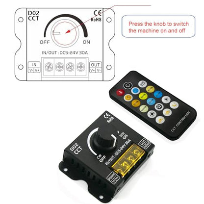 CCT LED Controller, DC 5V-12V-24V 30A RF Wireless Dimmer Rotary Button and 17 Key Remote Control, PWM Dimmable Brightness Adjust LED Strip Light Controller for CCT LED Strip Lights - color: CCT Mini Remote