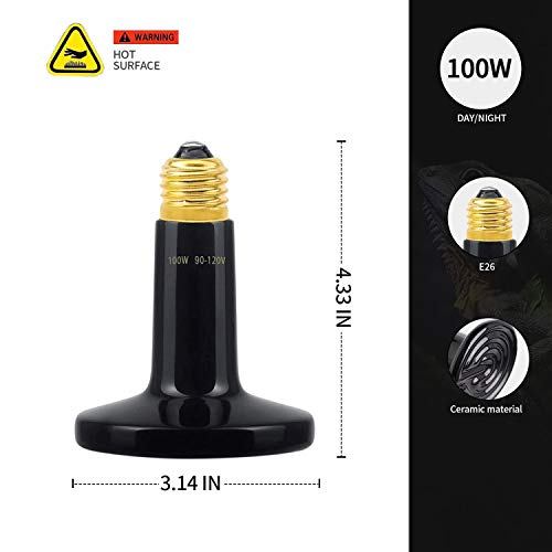 Ceramic Heat Emitter 100 Watt No Light Emitting Che Bulb Reptile Heat Lamp Bulb Light Emitter Chicken Lamp for Pet Coop Heater Lizard Turtle Brooder Aquarium Snake - 2 Pack