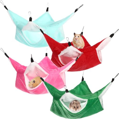 Nuogo 4 Pcs Rat Hammock for Cage Small Animal Hanging Ferret Hammocks for Rat Accessories Double Layer Ferret Bed for Guinea Pig Playing Sleeping (Red, Green, Rose Red, Turquoise,Classical) - color: Red, Green, Rose Red, Turquoise, style: Classical