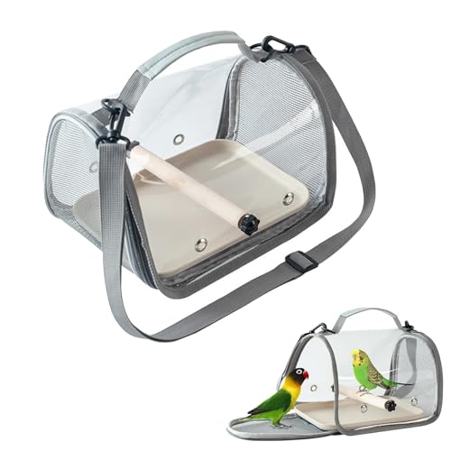 Portable Bird Travel Carrier with Breathable Mesh Windows Hands Free Parrot Backpack for Vet Visit Shopping Hiking, Clear View Small Pet Cage with Easy Clean Removable Tray and Perch - color: Gray