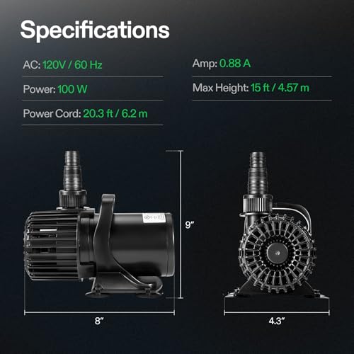 VIVOSUN 1600 GPH Submersible Water Pump, 100W Pond Pump, Ultra Quiet Aquarium Pump with 15FT. Lift Height for Pond, Waterfall, Fish Tank, Statuary, Hydroponic - color: Black Round, size: 11"×7"-1600