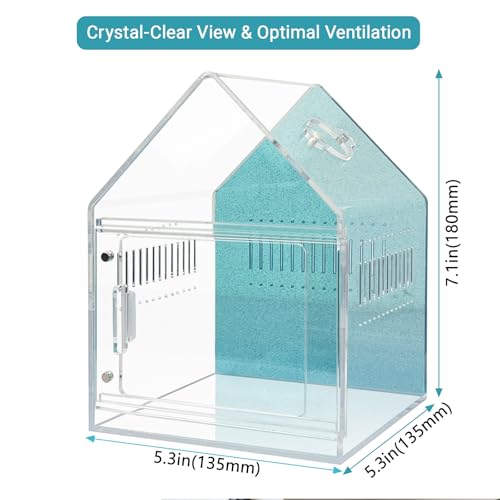 Magnetic Acrylic Spider Enclosure 5.3x5.3x7.3 Inch, House Shape Terrarium with Blue or Purple Background for Jumping Spiders, Tarantula Slings & Mantis, Escape-Proof Habitat (Blue)