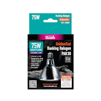 Arcadia Golden Sun Basking Halogen Lamp 75W – Mid Beam Infrared Reptile Heat Bulb, E26 Halogen Basking Bulb for Bearded Dragons, Tortoises, Iguanas and Turtle Enclosures