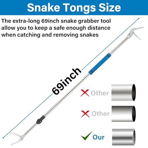 Snake Grabber Tool, 69" Snake Tongs Long Handle for Rattlesnake Reptile Tongs Heavy Duty Long Catcher Reach Grabber Stainless Steel Materials Sponge Handle Wide Jaw (69 inches) - size: 69"