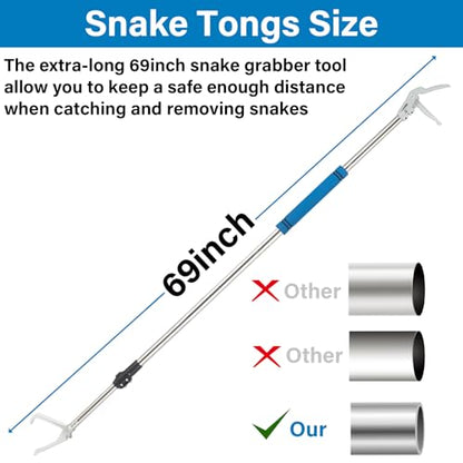 Snake Grabber Tool, 69" Snake Tongs Long Handle for Rattlesnake Reptile Tongs Heavy Duty Long Catcher Reach Grabber Stainless Steel Materials Sponge Handle Wide Jaw (69 inches) - size: 69"