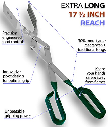 Grill Tongs - 17 inch (Green). Professional steak grilling utensil. Long-reach Barbeque Tong. Ideal for steak, fish, burger, and sausage - color: Green Steak Tongs