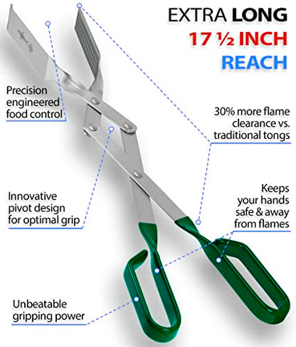 Grill Tongs - 17 inch (Green). Professional steak grilling utensil. Long-reach Barbeque Tong. Ideal for steak, fish, burger, and sausage - color: Green Steak Tongs