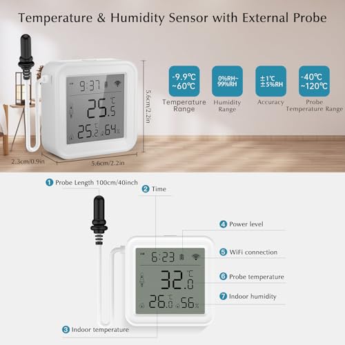 Refrigerator Thermometer, WiFi Freezer App Alert, Free Data Export Freezer Temperature Monitor for Refrigerator, Fish Tank, Pool, Aquarium Accessories, White 2.2 inch with Screen - size: 2.2*2.2in with screen