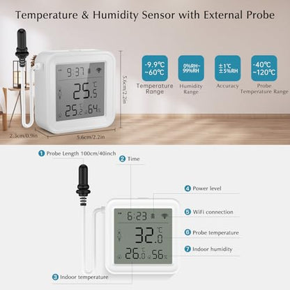 Refrigerator Thermometer, WiFi Freezer App Alert, Free Data Export Freezer Temperature Monitor for Refrigerator, Fish Tank, Pool, Aquarium Accessories, White 2.2 inch with Screen - size: 2.2*2.2in with screen