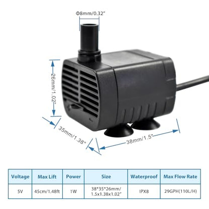 CONQUERALL DC 5V 29GPH 1W 1.5ft USB Water Pump with 3.3ft Tubing for Dog Water Dispensers (Black) - color: Usb 5v 1w 110l/H 45cm Head (Black)