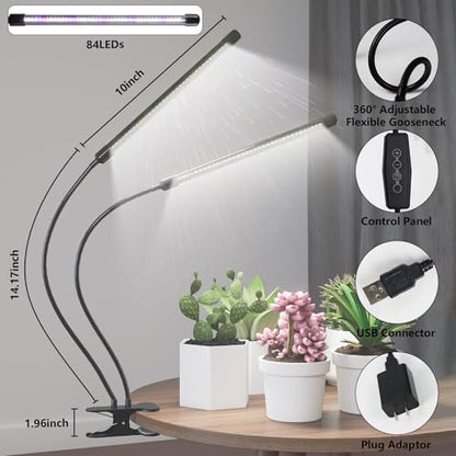 GHodec Grow Light,Full Spectrum White 84 LED Clip Plant Lights for Indoor Plants Growing, 4/8/12H Timer & 5 Dimmable Levels (80W) - size: 80W