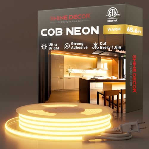 Shine Decor COB LED Rope Light AC 120V, 800lm Ultra Bright, IP65 Waterproof Cold-Resistant ETL Neon Strip, No Driver Tape Lighting for Home Commercial 10x4.5mm, 2800K Warm White, 65.6ft - color: 2800K Warm White, size: 65.6 ft