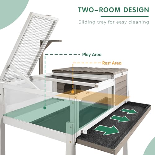 Tortoise Habitat Tank Indoor Outdoor, Wooden Tortoise House with Detachable Legs, 2-Room Reptile Turtle Enclosure Cage for Small Animals, Lamp Holder,Leakproof Tray, Grey - size: 37.0"L x 23.0"W x 32.0"H