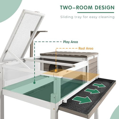 Tortoise Habitat Tank Indoor Outdoor, Wooden Tortoise House with Detachable Legs, 2-Room Reptile Turtle Enclosure Cage for Small Animals, Lamp Holder,Leakproof Tray, Grey - size: 37.0"L x 23.0"W x 32.0"H