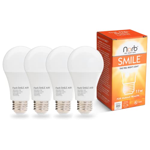 Norb NorbSMILE Full Spectrum Light Bulb | US Patented | A19 LED Bulb & 11W 800 Lumens | 5000K Daylight White, CRI 96/97 & Dimmable E26 Base | Boosts Energy, Mood & Supports Circadian Rhythm | 4 Pack - style: Smile 11W (4 Pack)