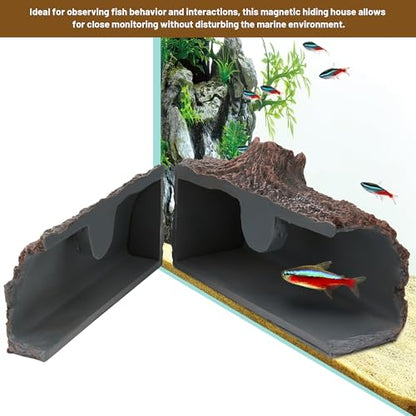 Upgraded Magnetic Detachable Aquarium Hideaway Hollow Tree Cave to Check Your Aquatic Pets to Breed, Play and Rest Safe and Non-Toxic Resin Fish Tank Viewing Hideout Ornaments