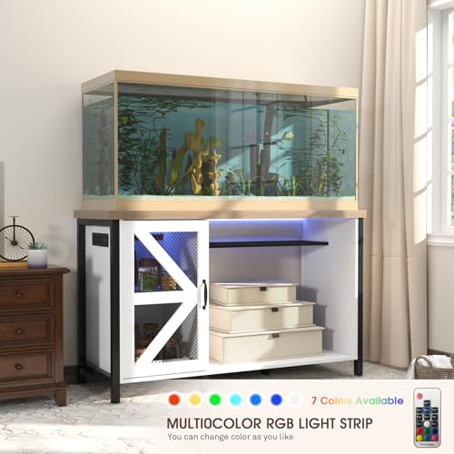OC Orange-Casual 55-75 Gallon Aquarium Stand with LED Lighting & Power Outlets - Heavy Duty Metal Fish Tank Cabinet with Adjustable Shelves, 1000LB Capacity (White) - color: White