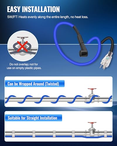 12Ft Water Pipe Heating Cable, 5W Constant Power Self-Regulating Heating Cable, 5W/FT, IPX7 Waterproof, Auto-On/Off, for Metal and Plastic Water Pipes, Freeze Protection, 120V U12HC06 - size: 12 FT