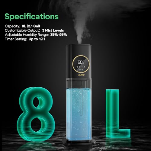 Humidifier for Plants Indoor 2.1Gal/8L, Reptile Fogger with Humidity Control & Probe, Cool Mist Humidifier with Expandable Hose for Terrarium, Greenhouse, Grow Tent, Houseplants, Reptiles